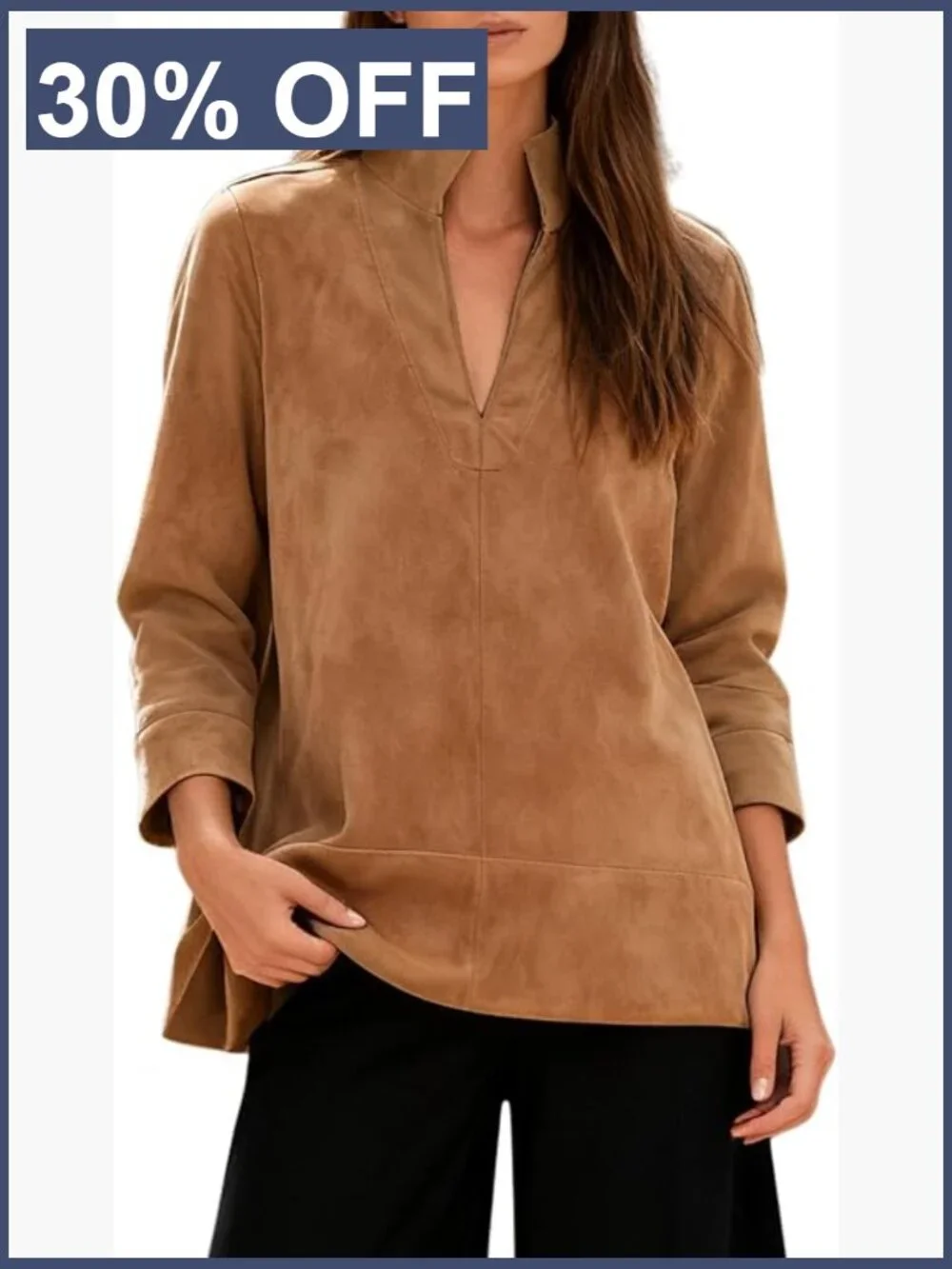 Faux Suede Tunic Top V Neck 3/4 Sleeve Stand Collar Blouse Dressy Casual
